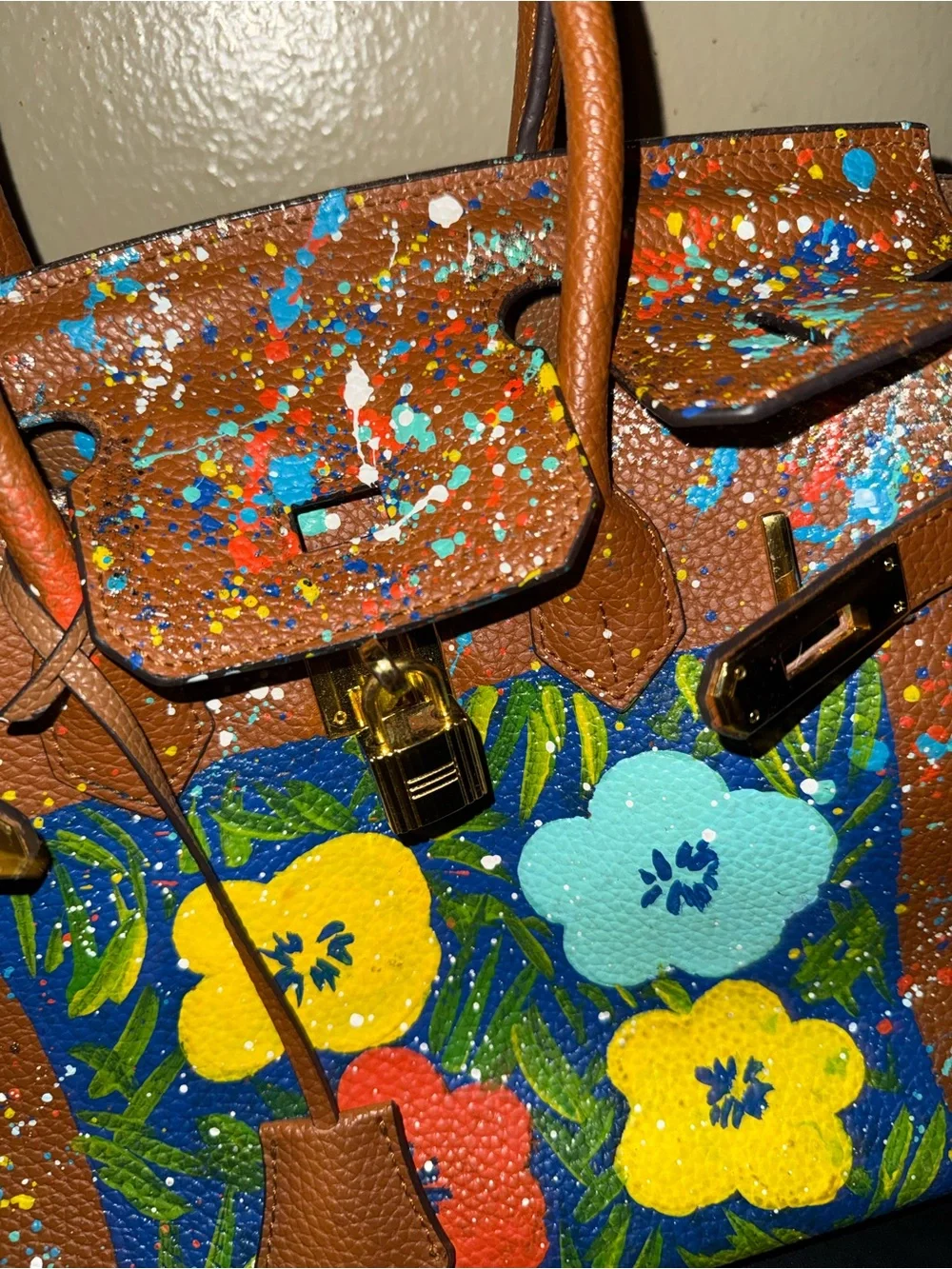 Brown Floral Paint-Splatter Satchel Handbag